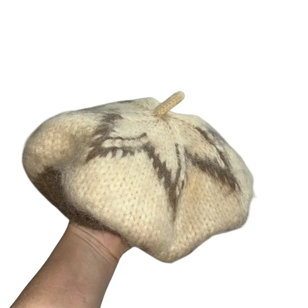 Icelandic Hand knit cream brown wool Fair Isle STAR design wool beret hat